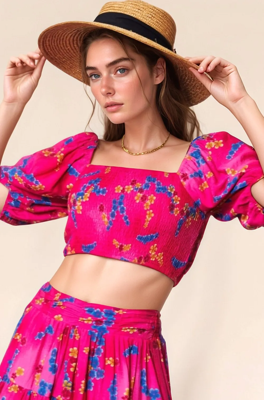 Smocing Bodice Puff Short Sleeve Printed Crop Top