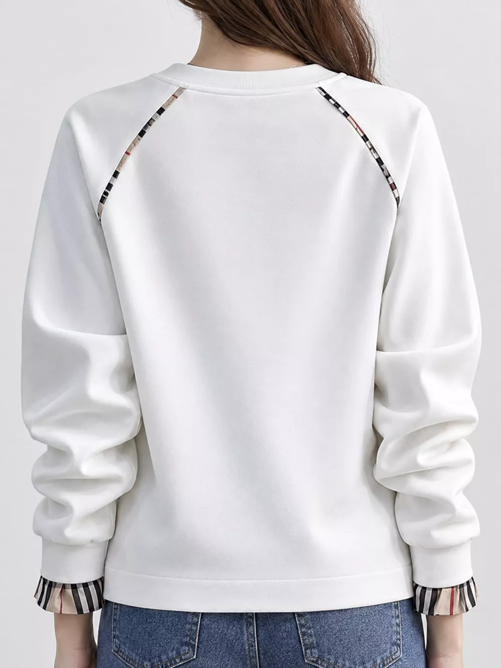 Plaid-Trimmed Crew Neck Sweatshirt, image 2