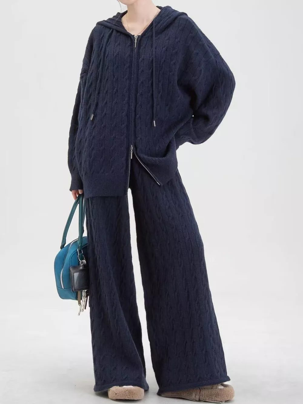 Cable Knit Zip-Up Hooded Cardigan and Wide-Leg Pants Sweater Set, image 14