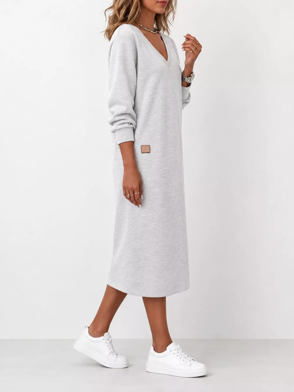Full Size V-Neck Long Sleeve Midi Dress Plus Size, image 3