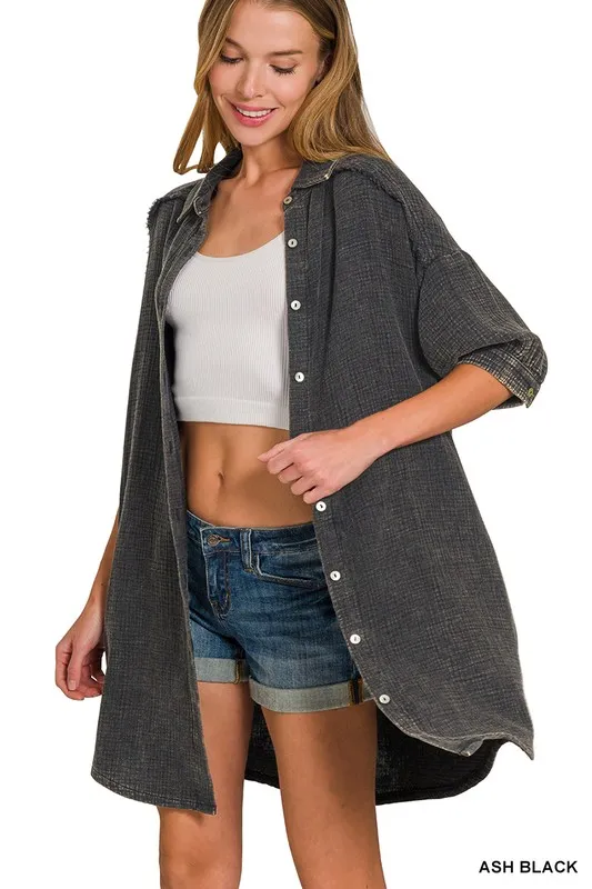Washed Double Gauze Button Down Shirt Dress, image 2
