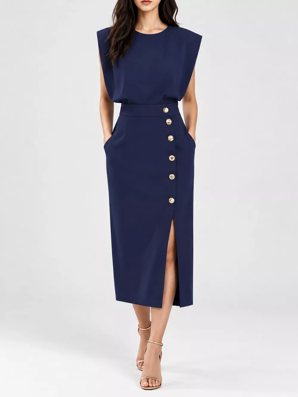 Sleeveless Midi Dress with Gold Button Detail and Side Slit, image 6