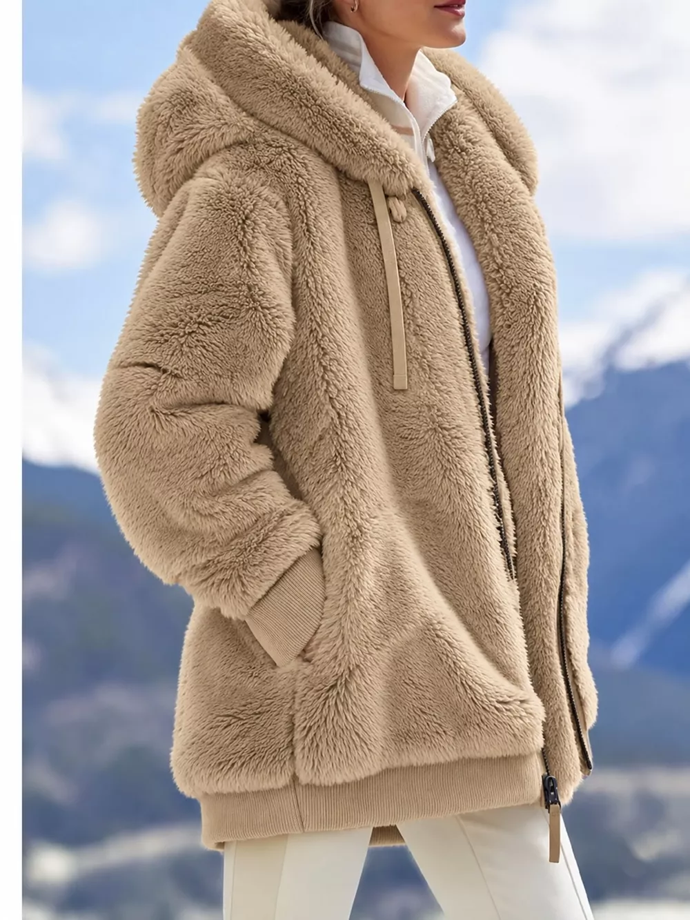 Full Size Faux Fur Zip Up Hooded Outerwear Plus Size, image 15