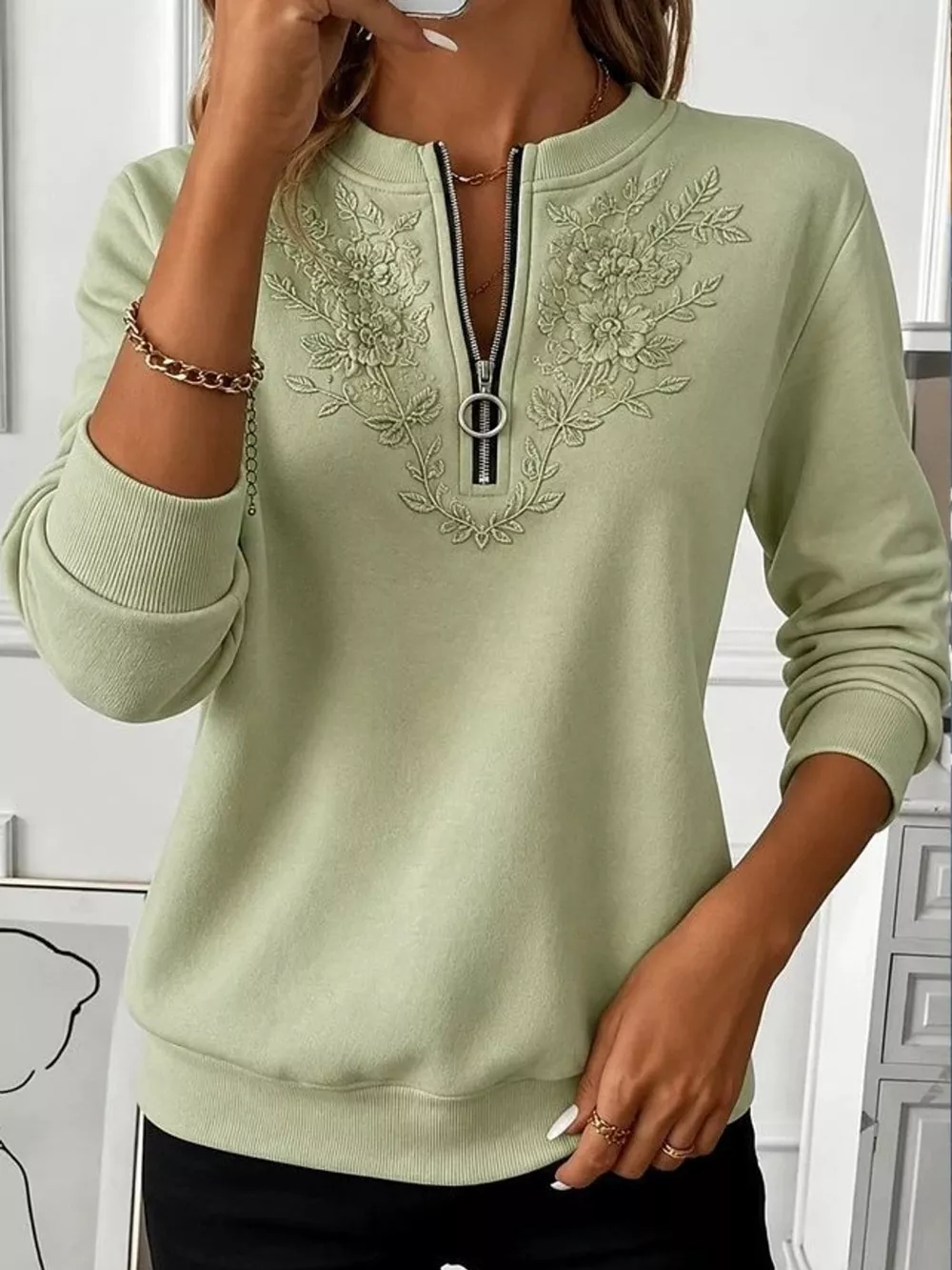 Floral Embroidered Quarter-Zip Sweatshirt, image 4