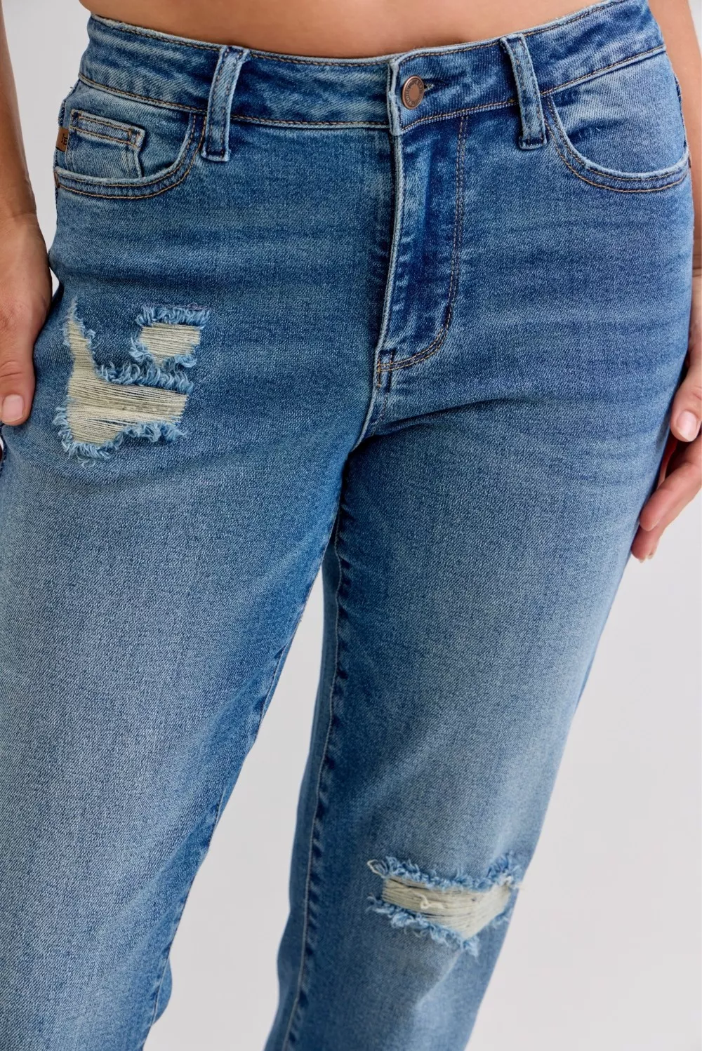 Full Size Mid Rise Bf Patch & Repair Destroy Release Hem Jeans Plus Size, image 12
