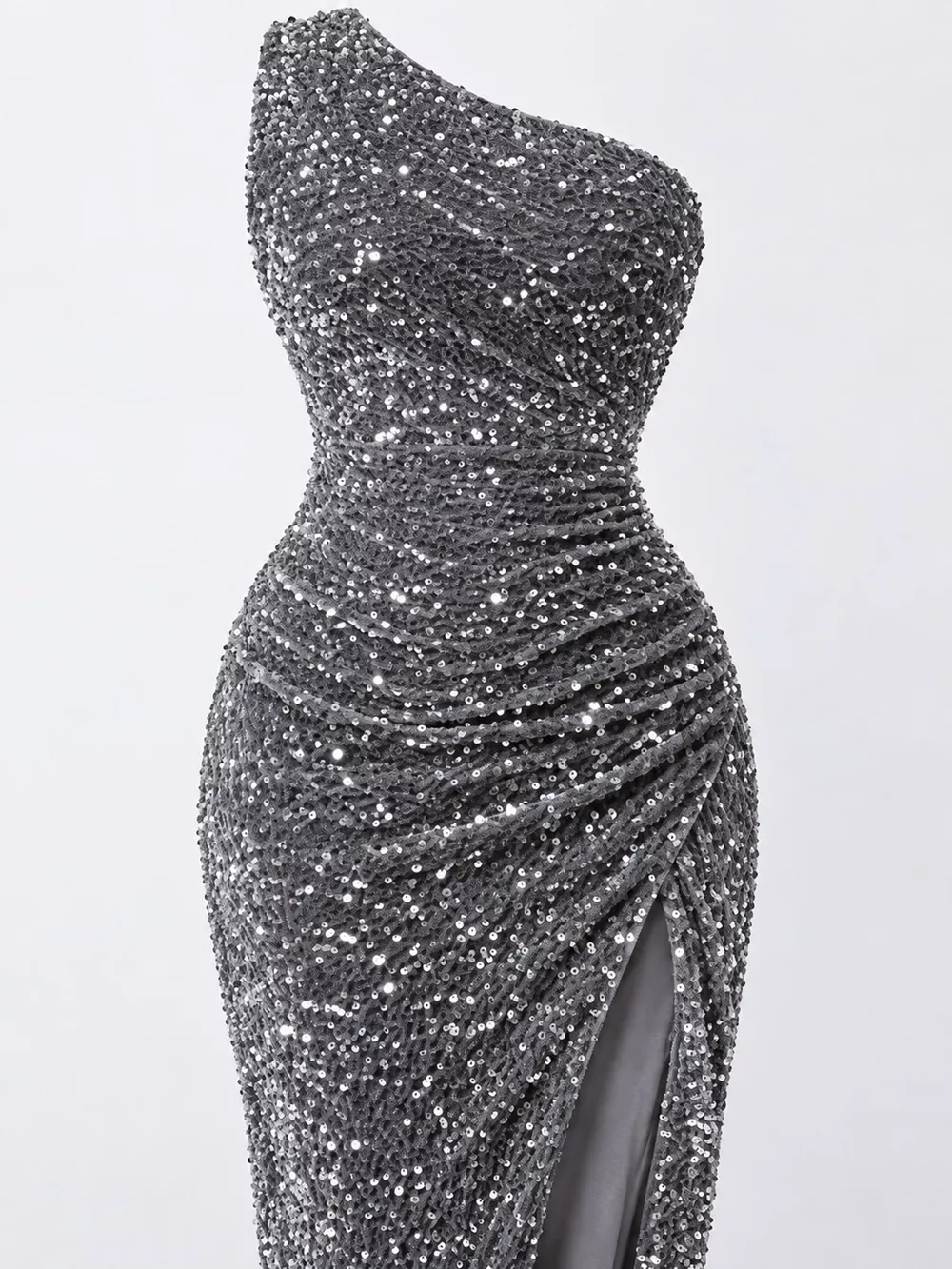 One-Shoulder Ruched Sequin High-Slit Evening Dress, image 5