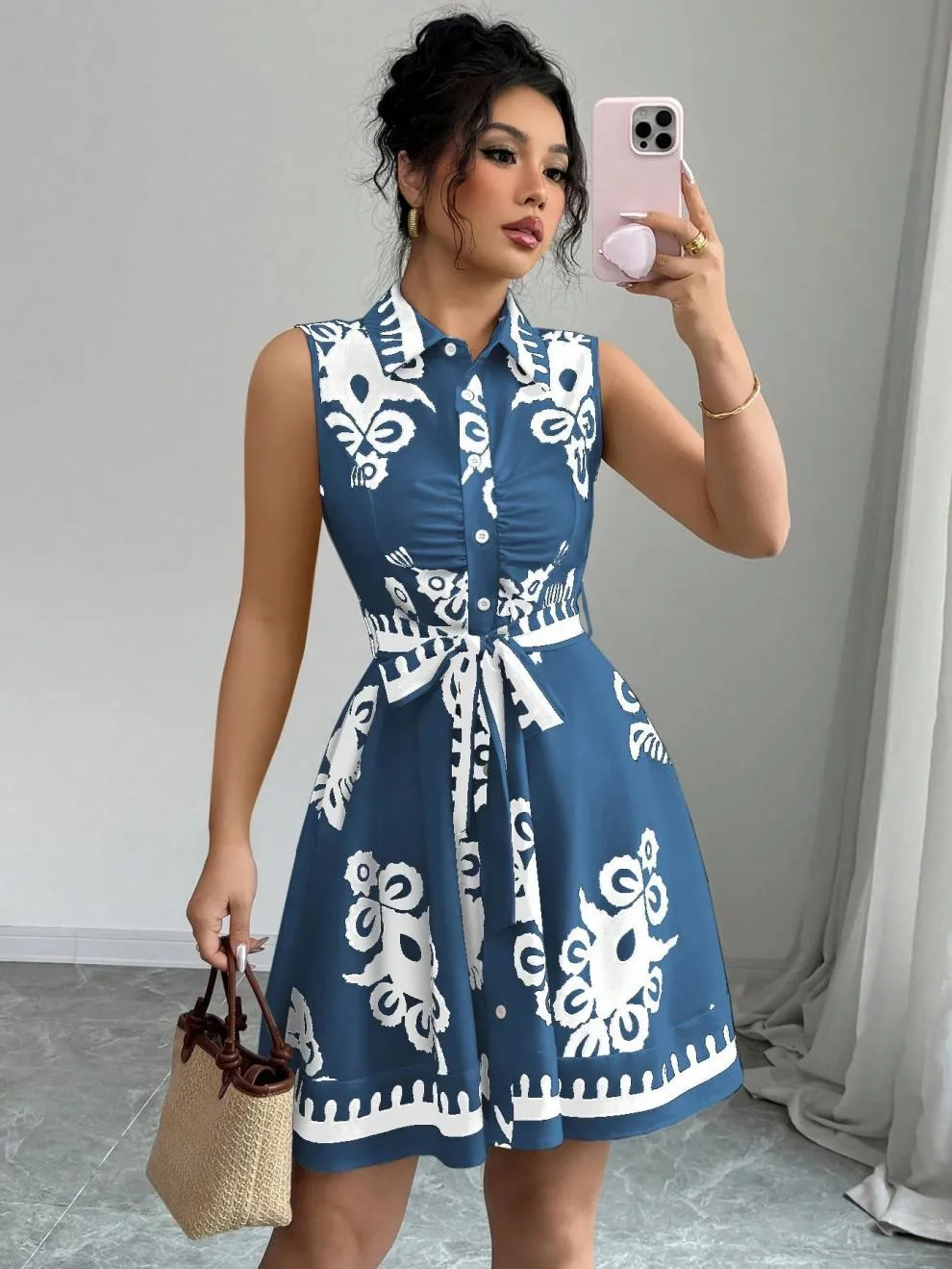 Printed Sleeveless Button Front Dress, image 7