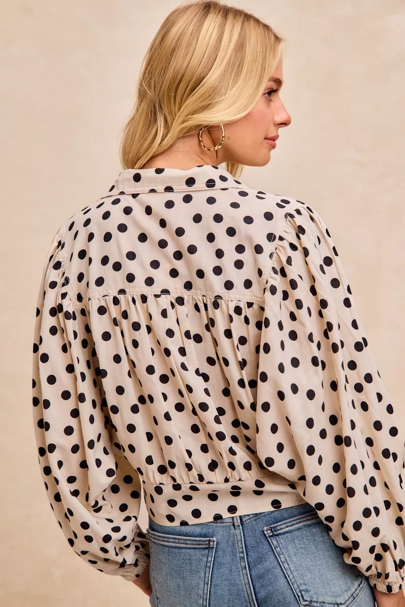 Polka Dot Print Tie Hem Detail Crop Shirt, image 7