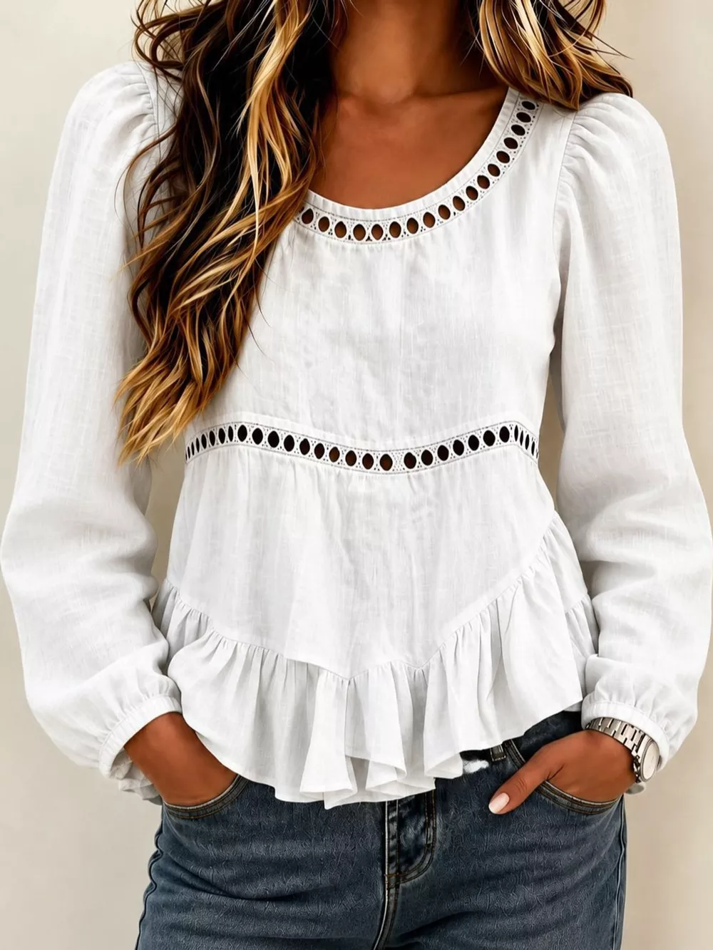 Long Sleeve Blouse with Eyelet Lace Trim and Ruffled Hem, image 9