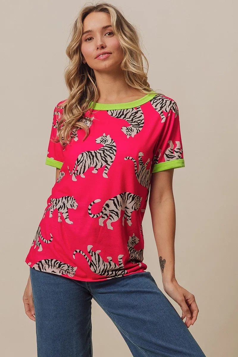 BiBi Big Tiger Print Jersey Contrast Ringer Top, image 12
