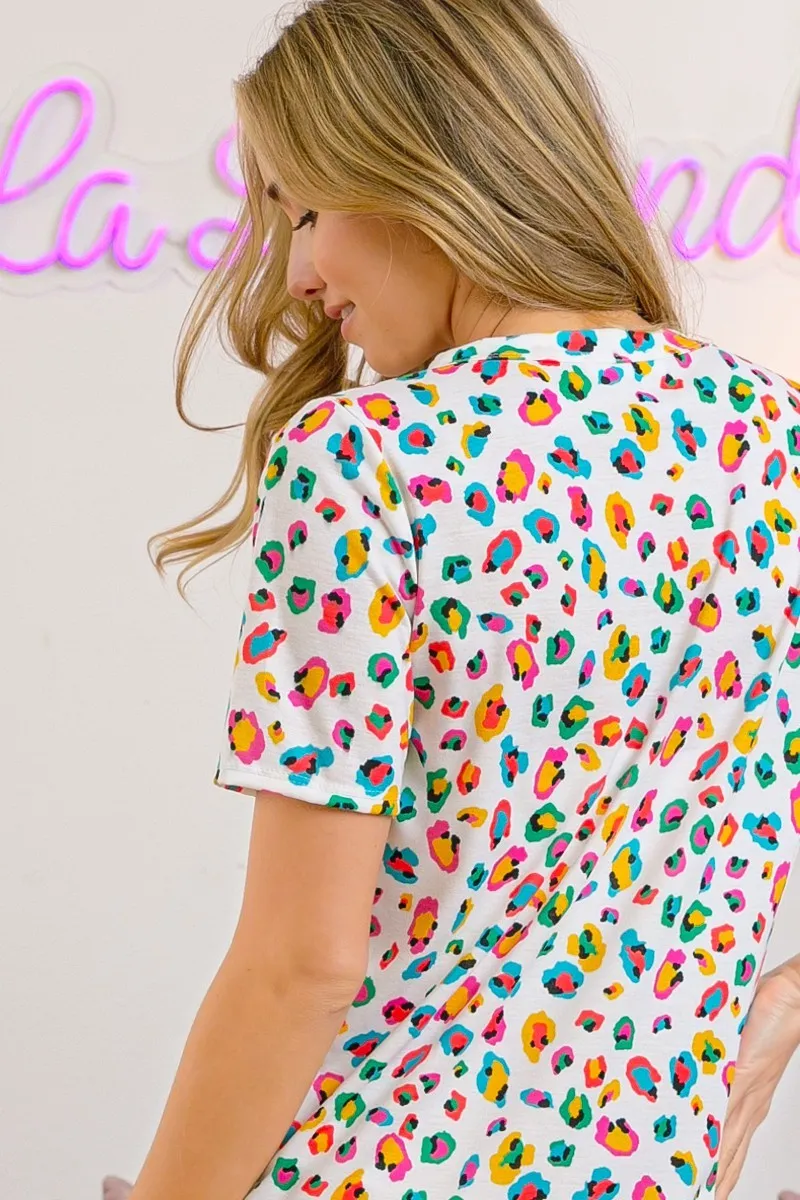 Multi Color Leopard Jersey Shirred V Neck Top, image 19