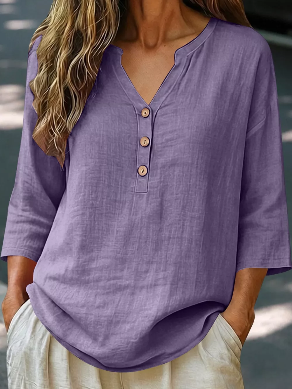 Full Size Button Detail Notched 3/4 Sleeve Blouse Plus Size, image 5