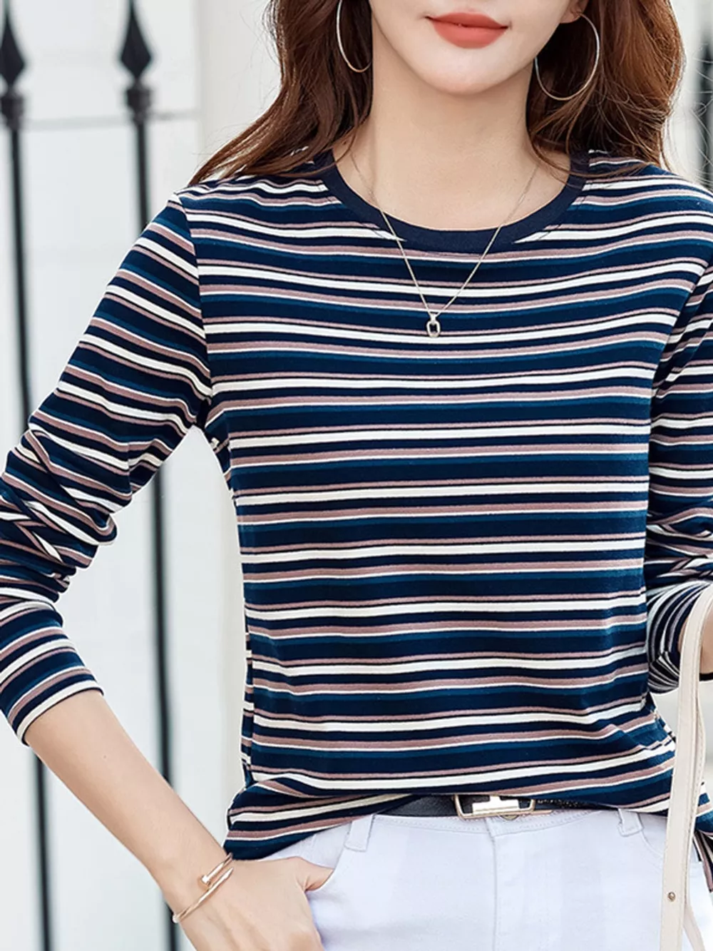 Full Size Long Sleeve Striped Crew Neck Casual T-Shirt Plus Size, image 14