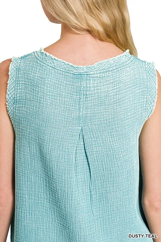 Double Gauze Raw Edge Acid Washed Tank, image 3