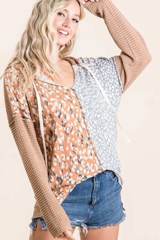 Popcorn Waffle Knit Hoodie with Print Block Front