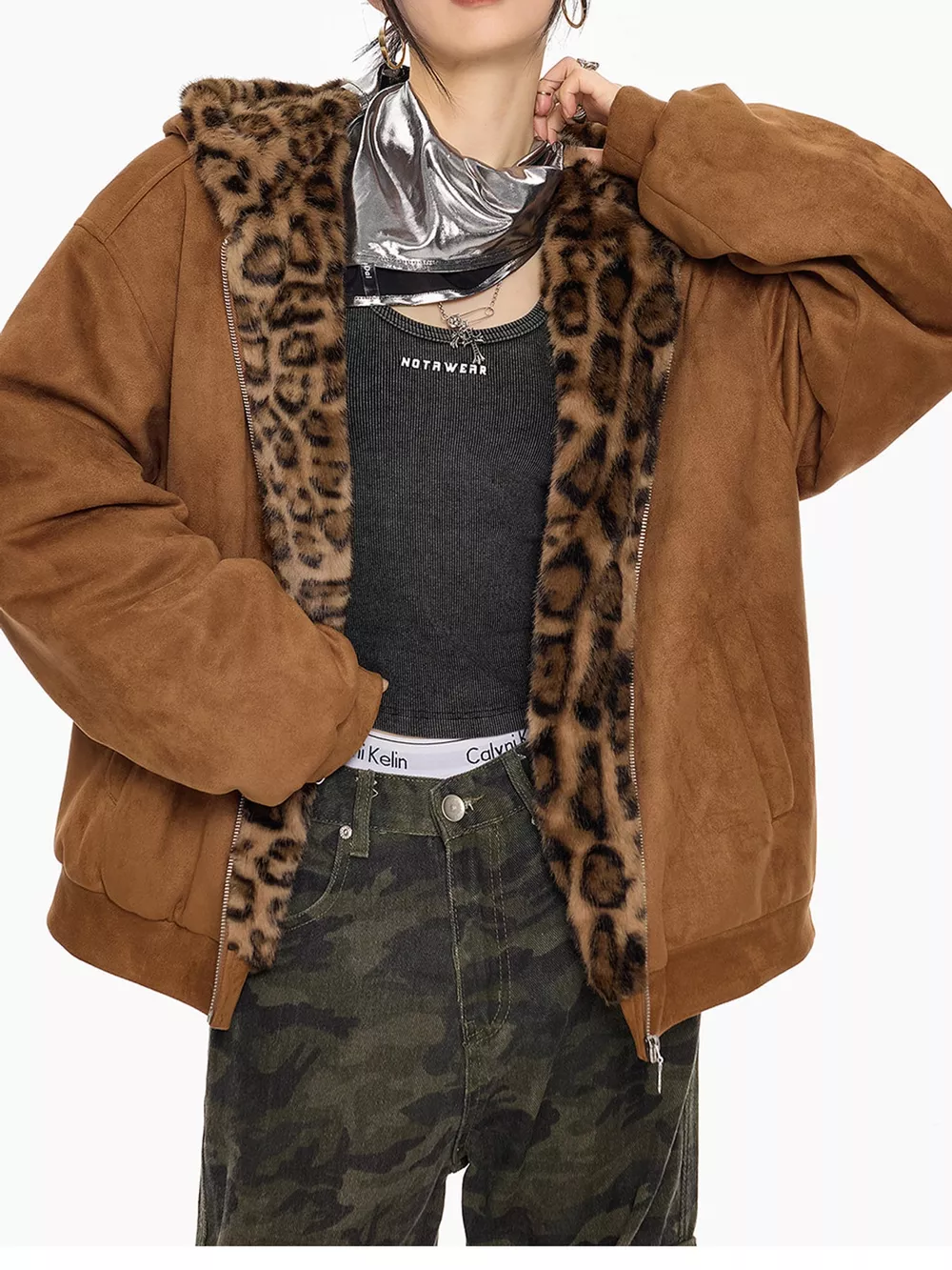 Leopard Faux Fur Lined Zip Up Jacket