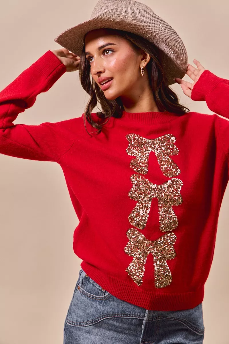 Sequins Bow Ribbon Embellished Christmas Sweater, image 4