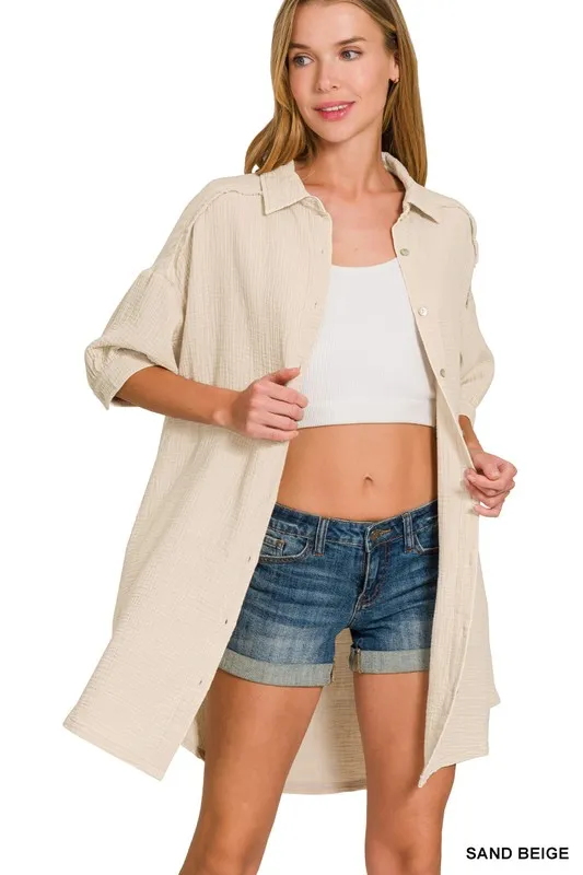 Washed Double Gauze Button Down Shirt Dress, image 2