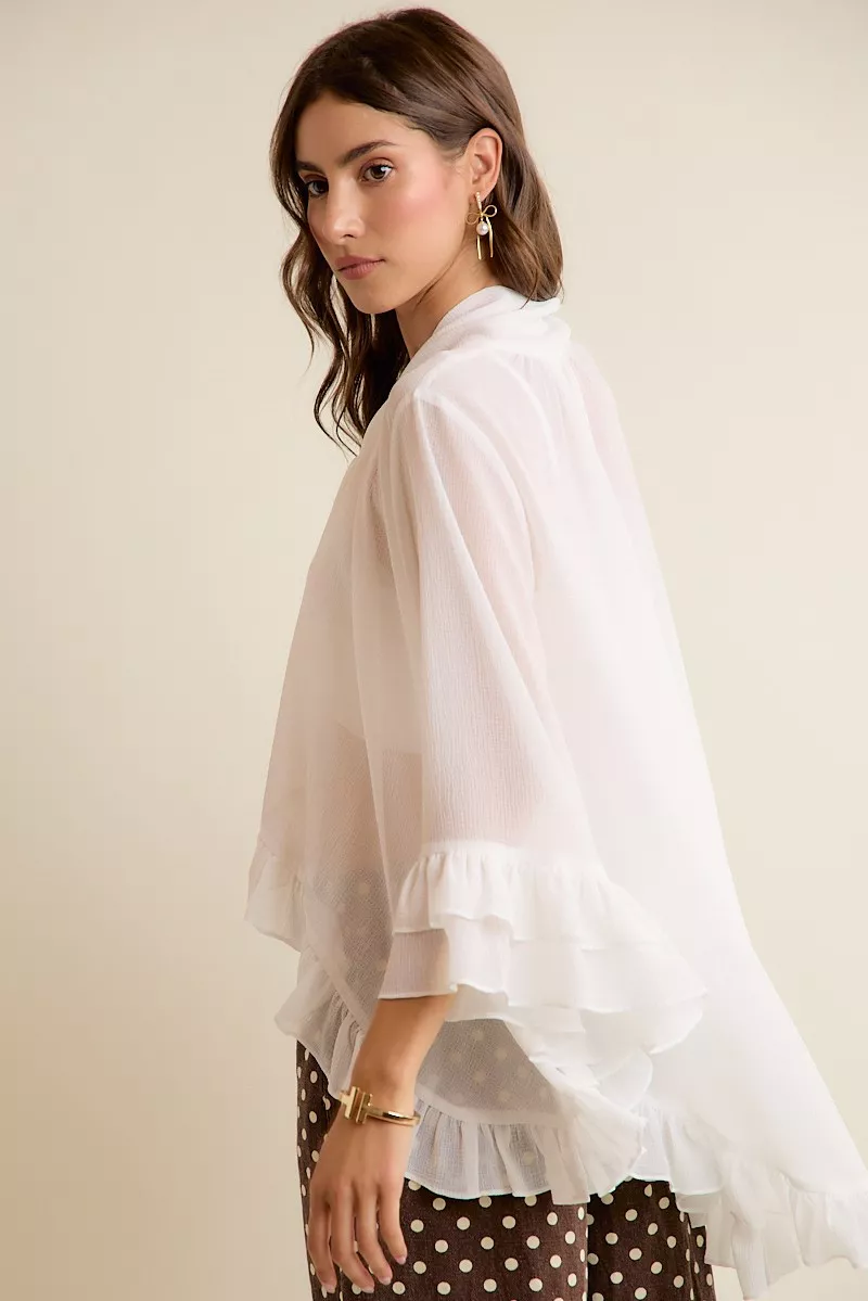 Sheer Ruffle Bell Sleeves Bow Tie Flowy Blouse Top, image 2