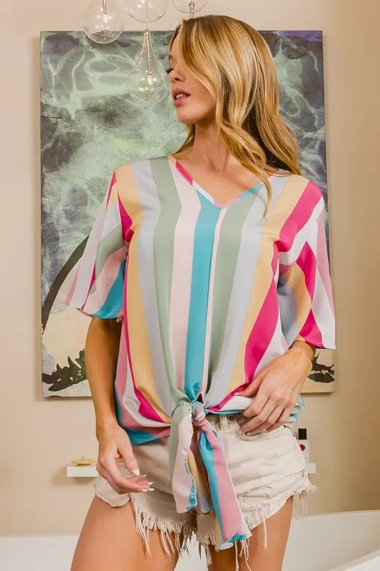 Multi Stripe Woven V Neck Top with Long Front Tie, image 4