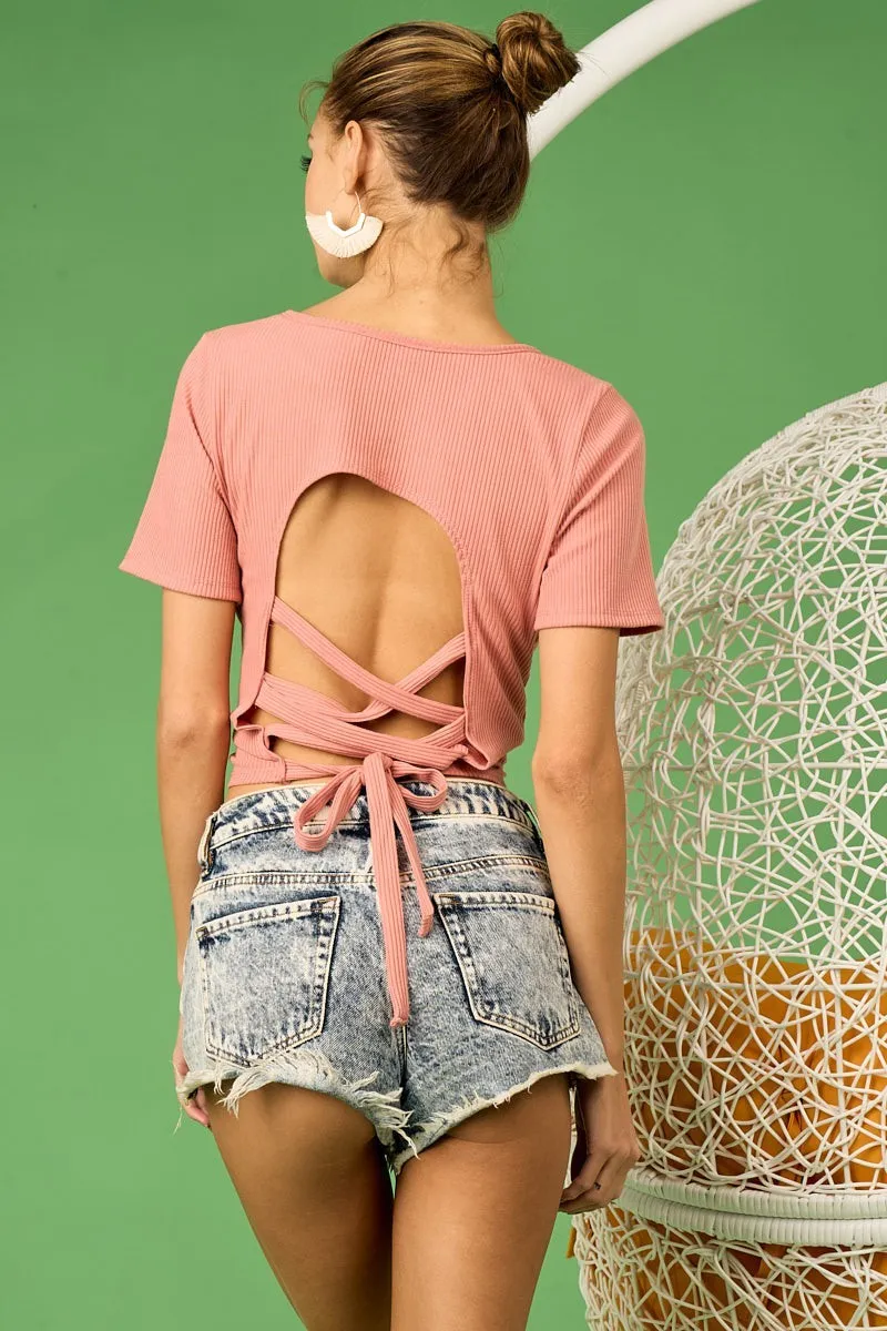 Rib Knit with Back Cross and Tied Detailed Top, image 5