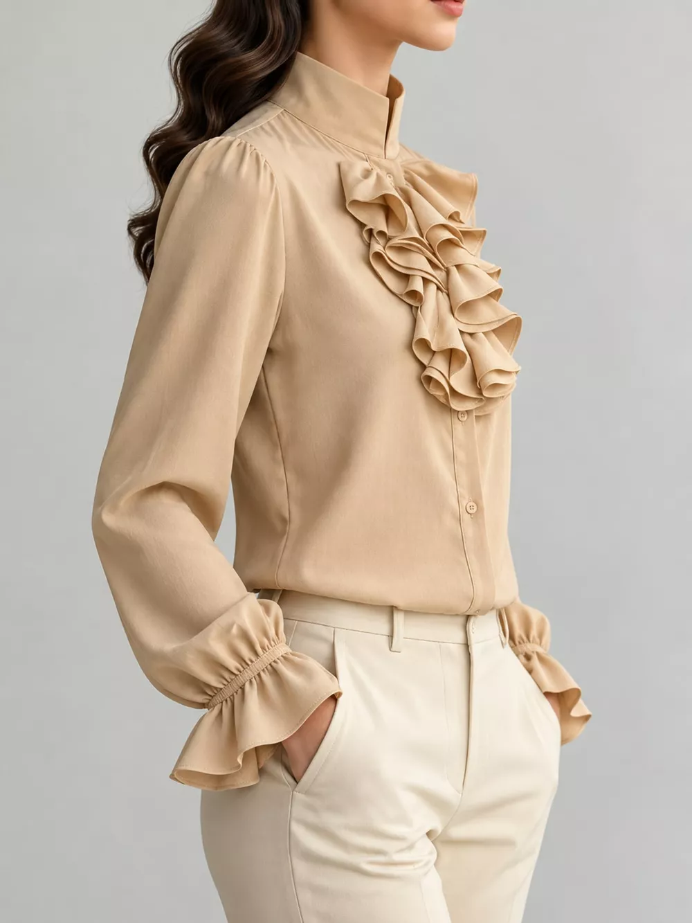 Ruffled Stand-Collar Blouse with Long Lantern Sleeves, image 17