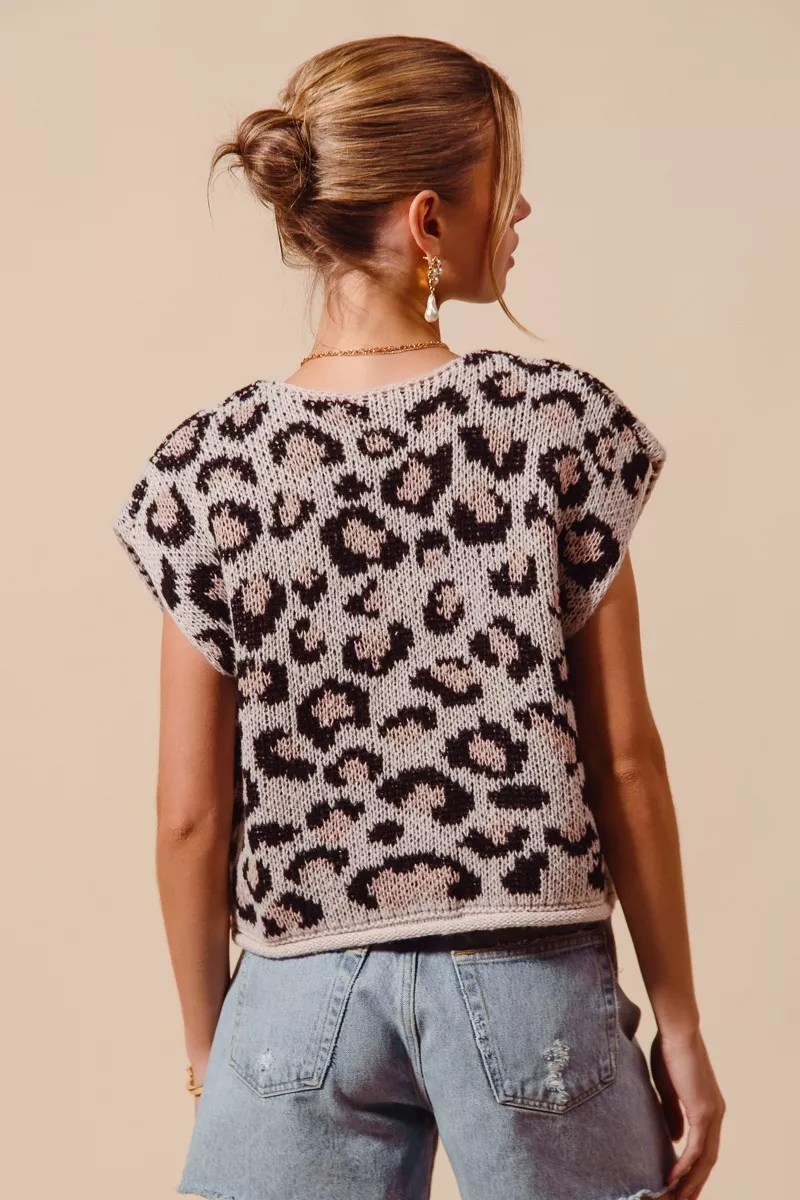 Big Metal Button Front Leopard Sweater Vest Top, image 7