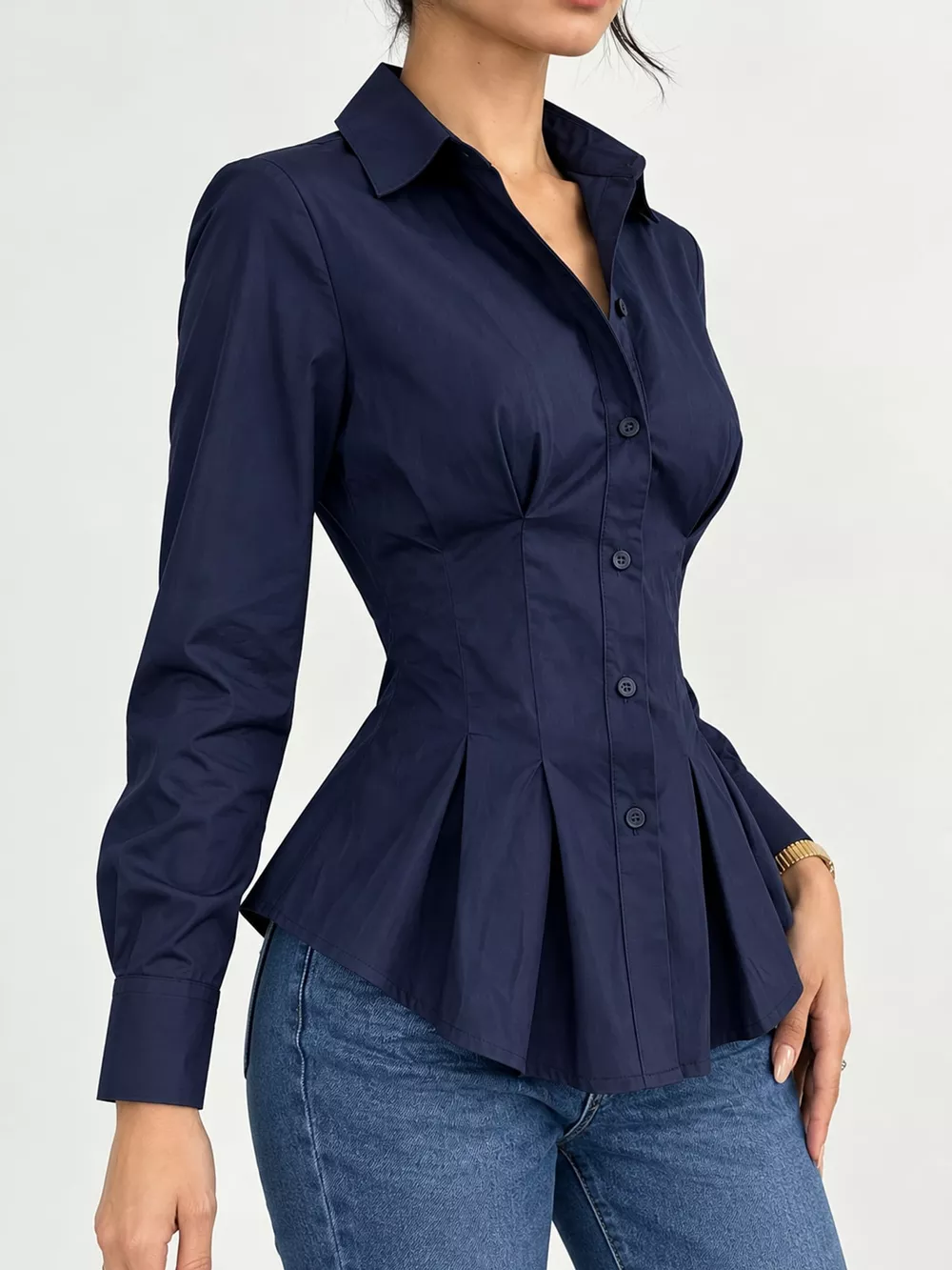 Button-Down Peplum Blouse with Fitted Waist, image 10