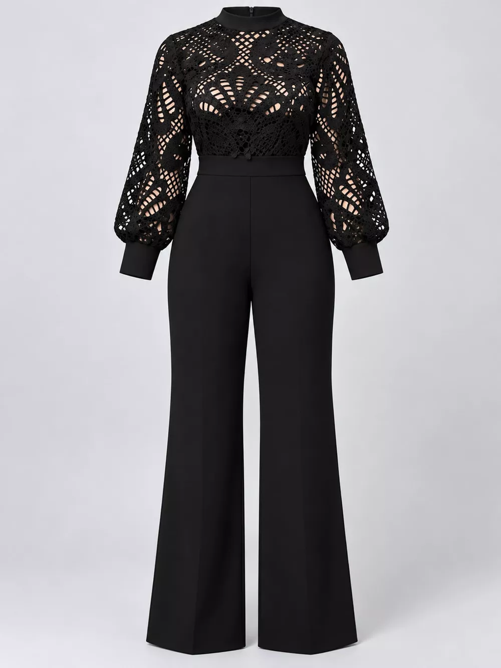 Full Size Lace Lantern Sleeve Flare Jumpsuit Plus Size, image 14