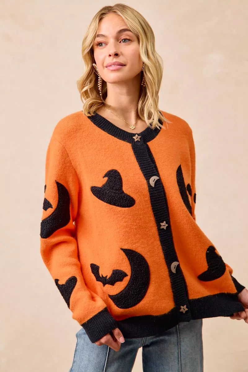 Halloween Witch Hat Moon Bat Artwork Cardigan, image 12