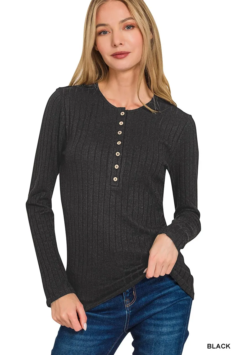 Ribbed Long Sleeve Half Button Top