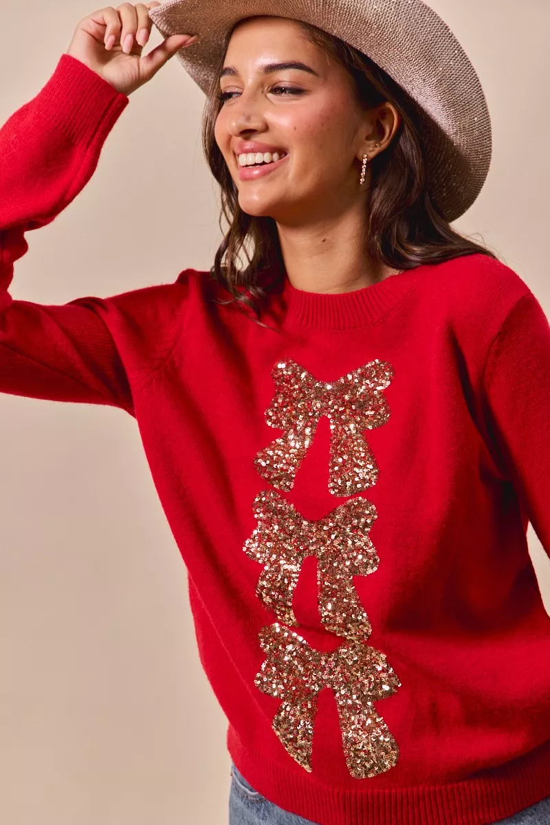 Sequins Bow Ribbon Embellished Christmas Sweater, image 5