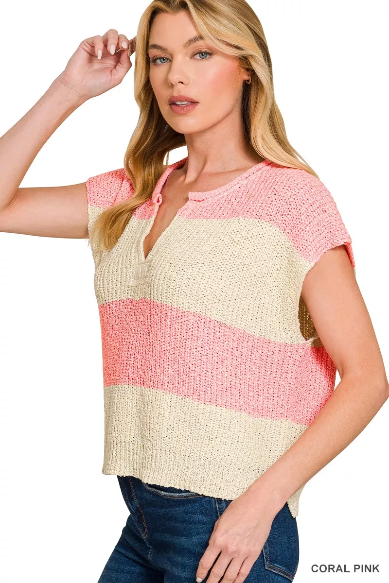 Split Neck Sleeveless Stripe Sweater, image 2