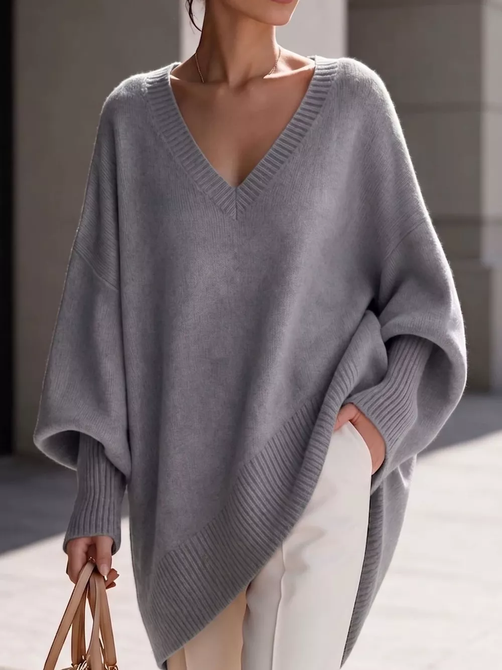 Full Size V-Neck Oversized Batwing Sleeve Sweater Plus Size, image 42