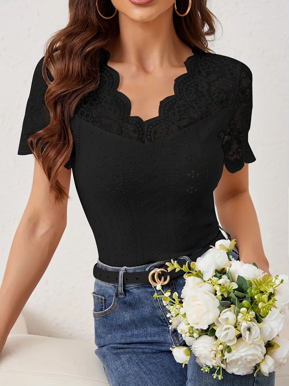 Lace Scalloped V-Neck Eyelet T-Shirt