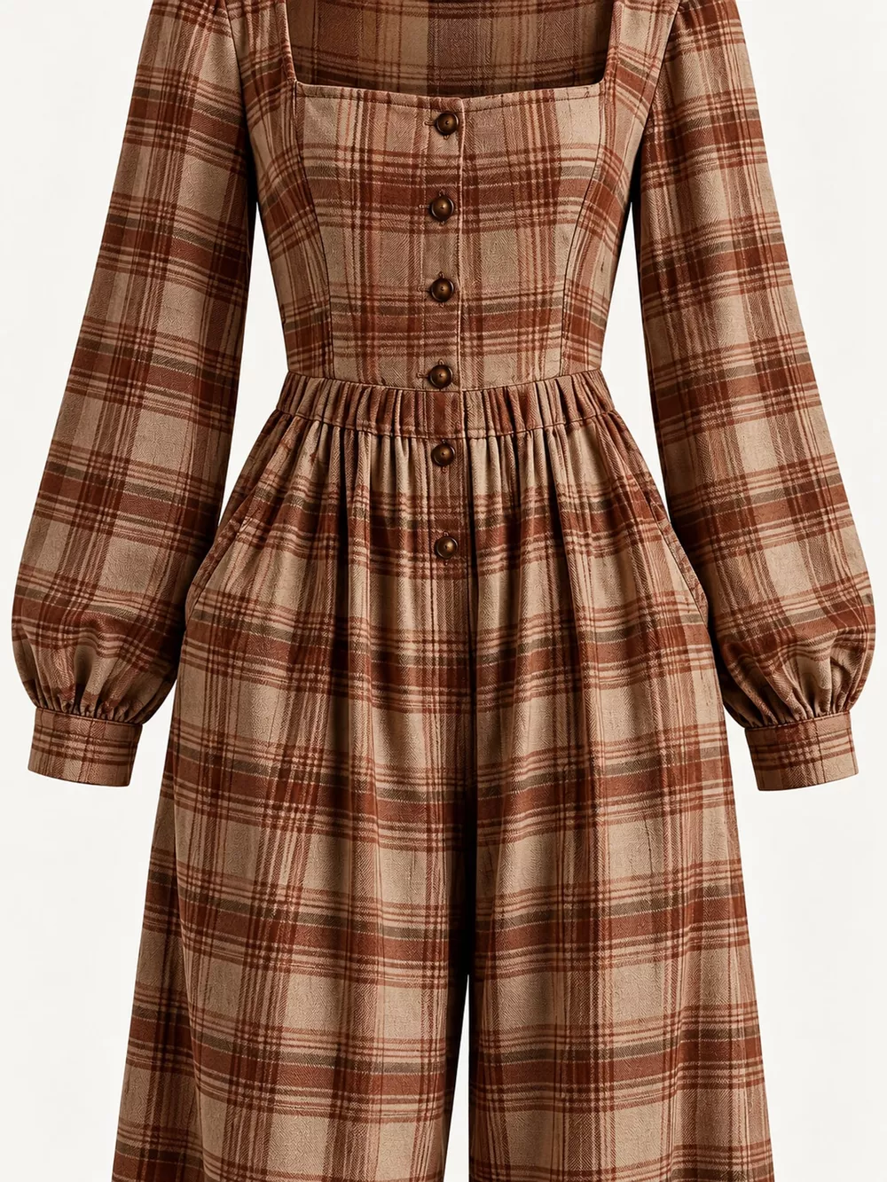 Plaid Square Neck Long Sleeve Wide-Leg Jumpsuit, image 29