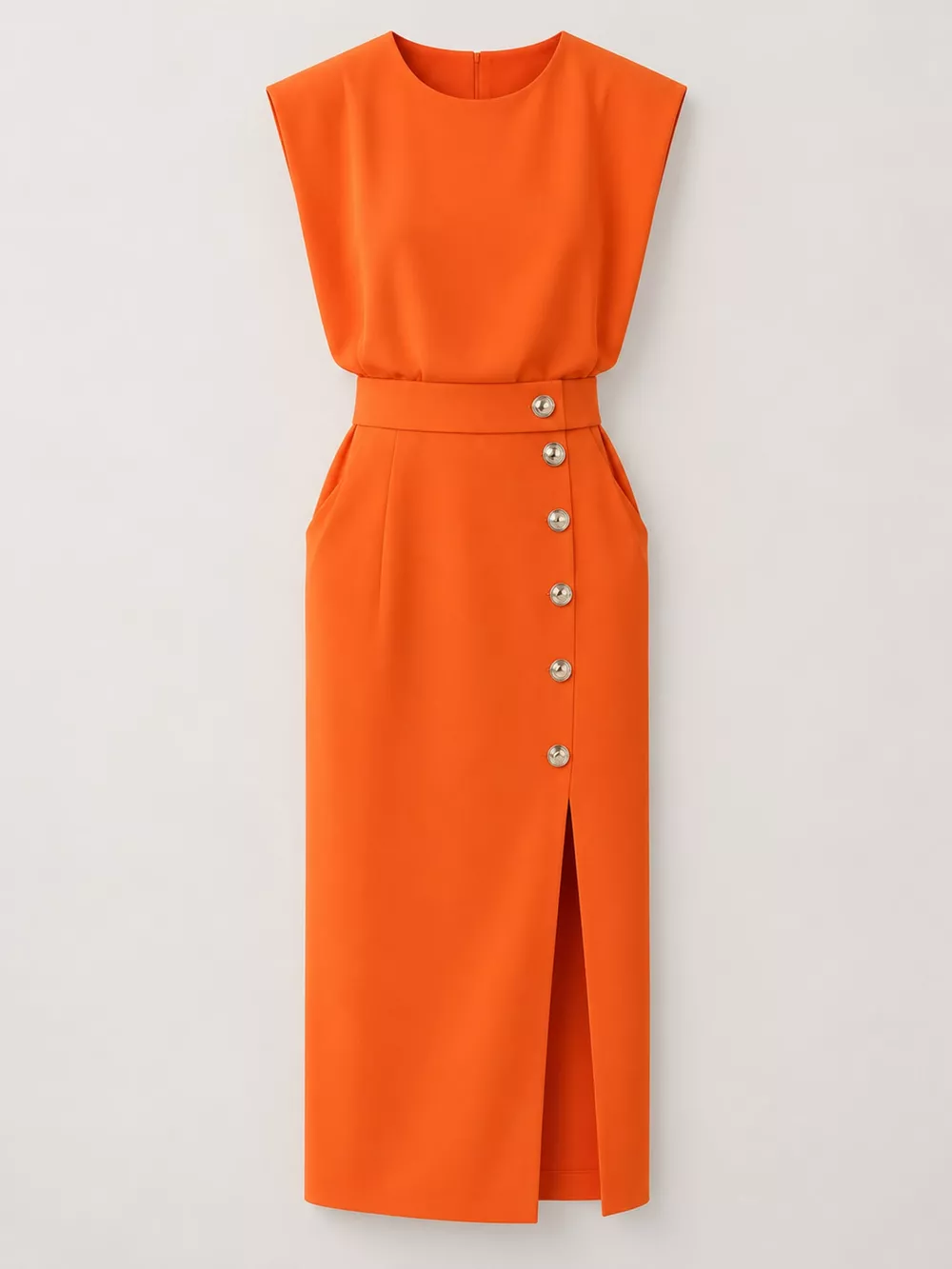 Sleeveless Midi Dress with Gold Button Detail and Side Slit, image 39
