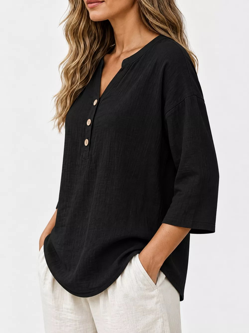 Full Size Button Detail Notched 3/4 Sleeve Blouse Plus Size, image 18