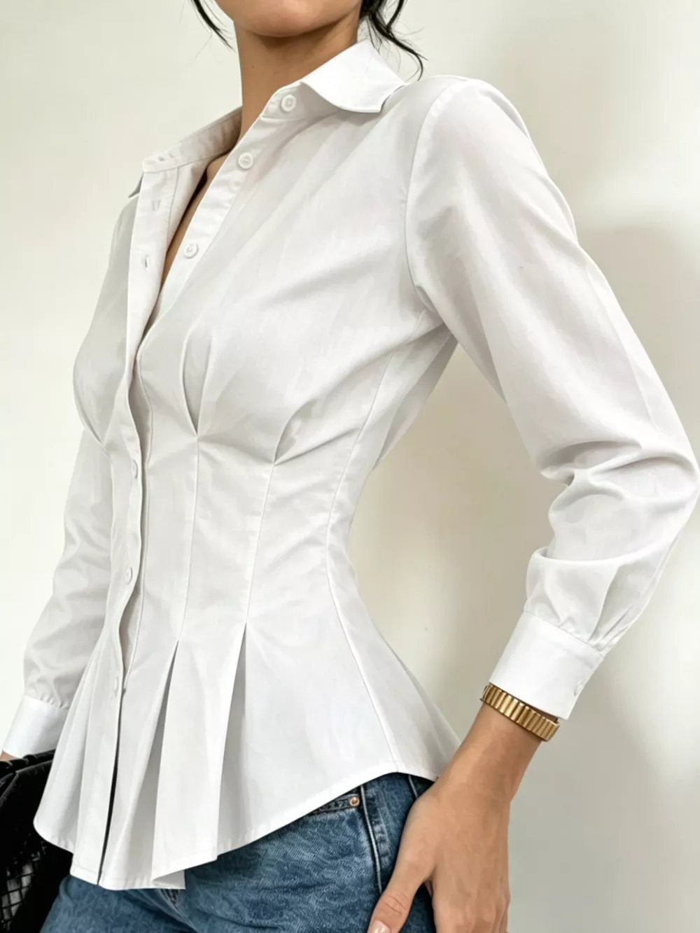 Button-Down Peplum Blouse with Fitted Waist, image 17