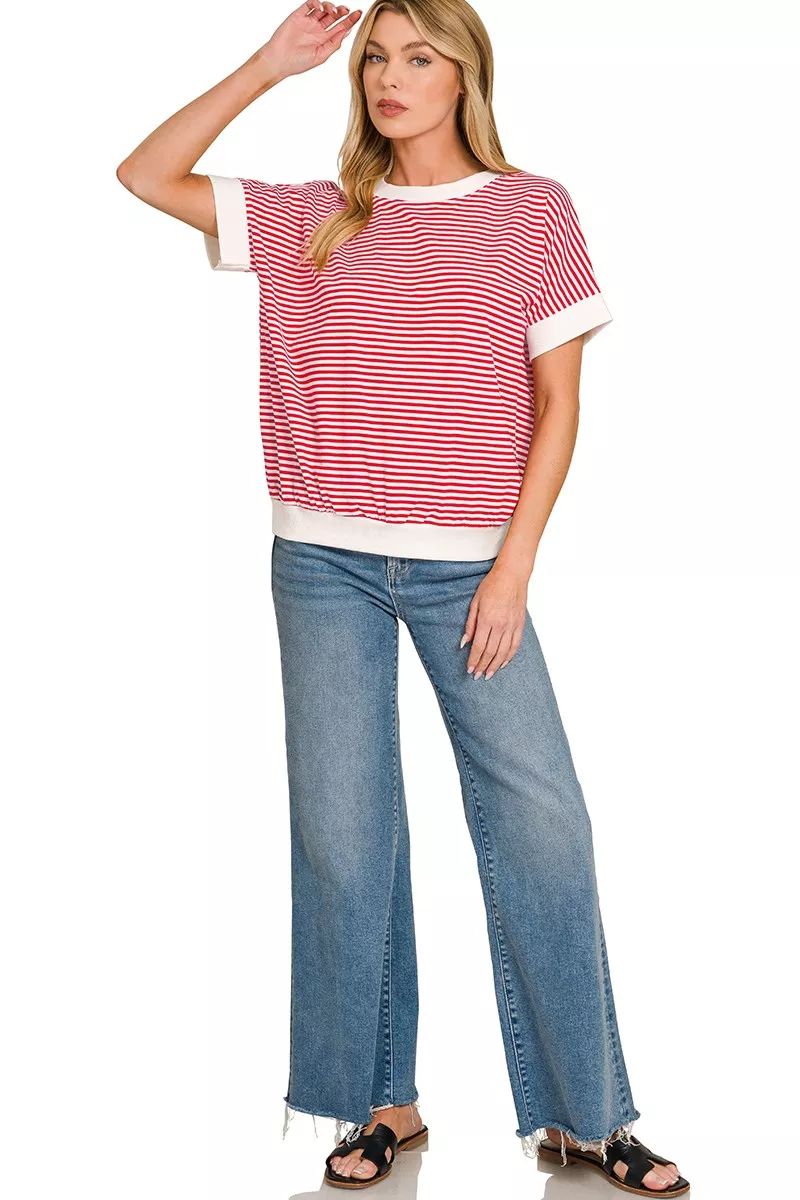 Stripe Contrast Trim Banded Bottom Top, image 2