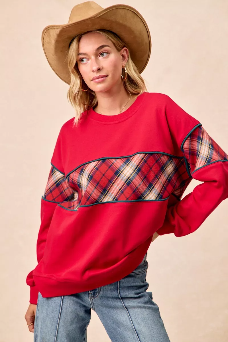 Christmas Theme Plaid Block Sweatshirt with Binding, image 3