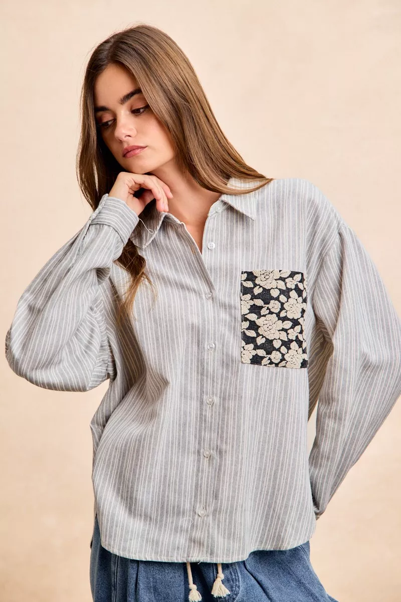 Flower Jacquard Knit Patch Pocket Stripe Shirt, image 11