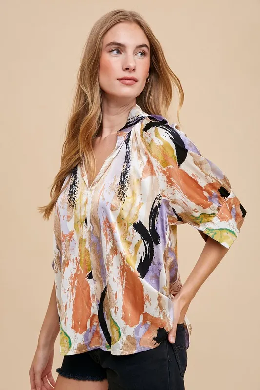 Multi Color Printed V-Neck Open Woven Blouse Top, image 4