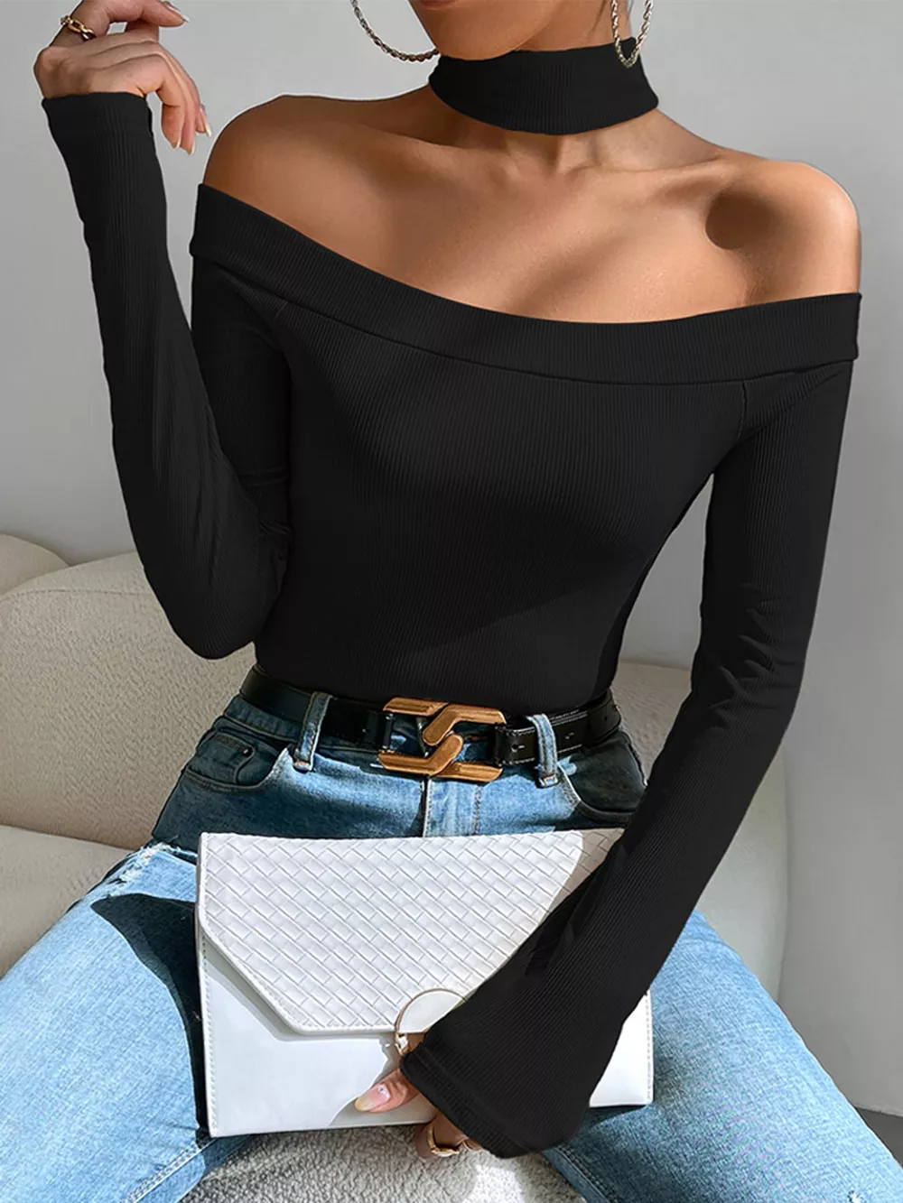 Off-Shoulder Ribbed Knit Long Sleeve T-Shirt with Choker Neck