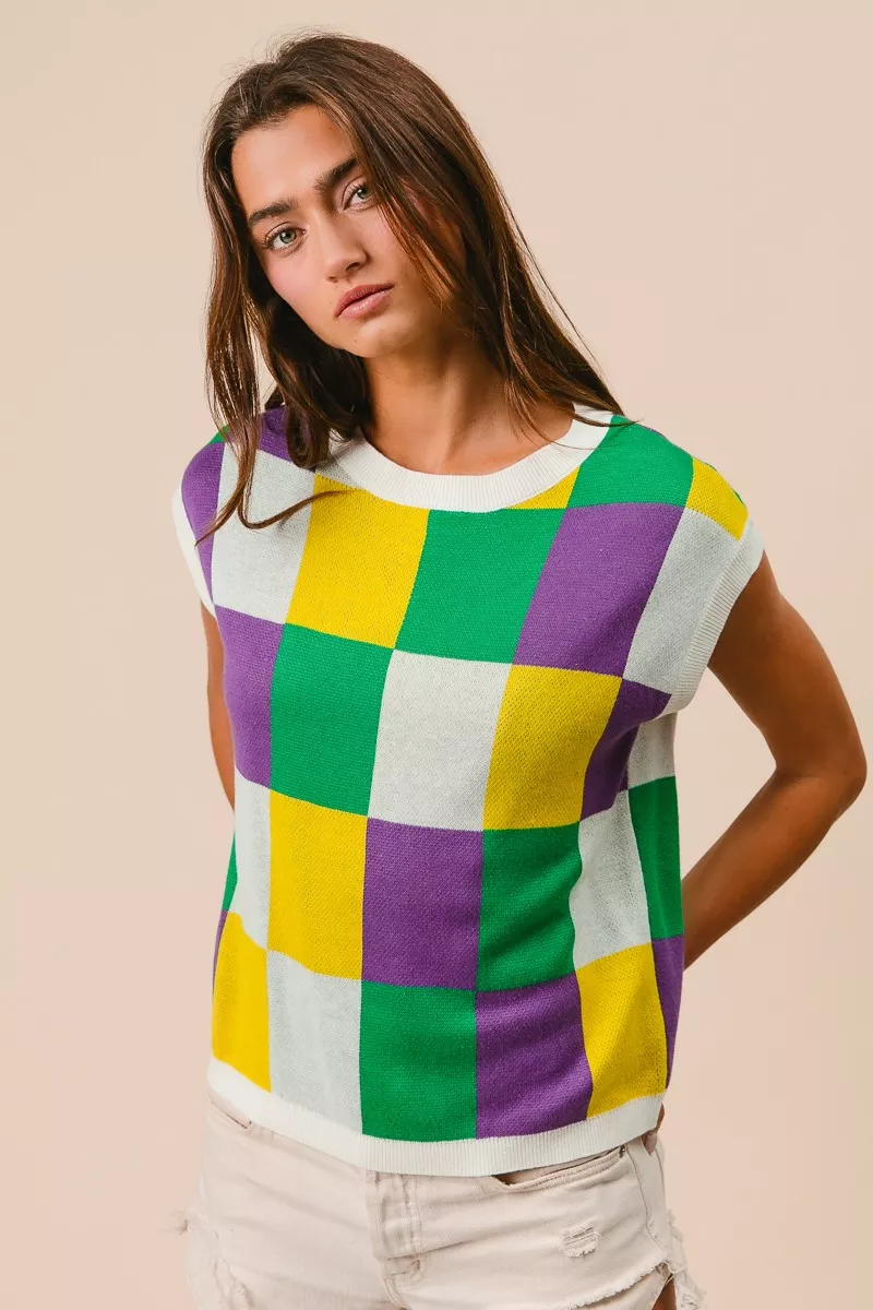 Mardi Gras Checker Pattern Sleeveless Sweater Top, image 4