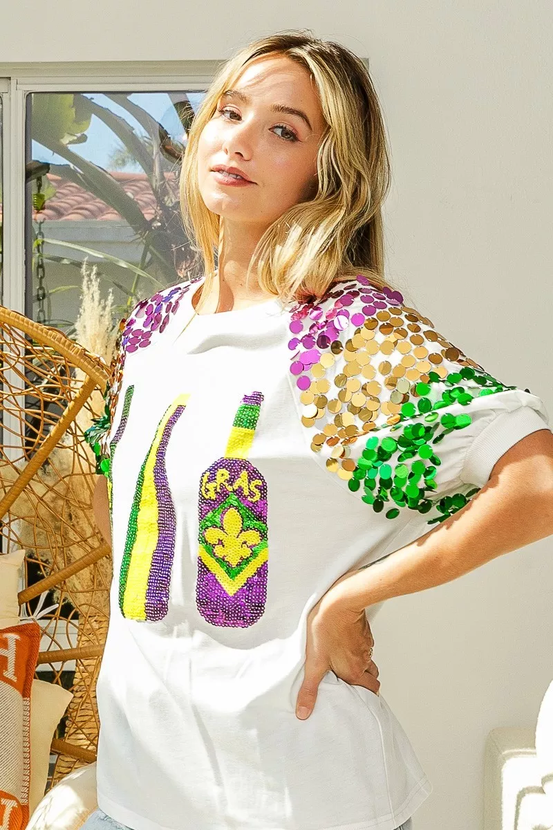 Sequin Mardi Gras Bottles Spangled Sleeve Top, image 15