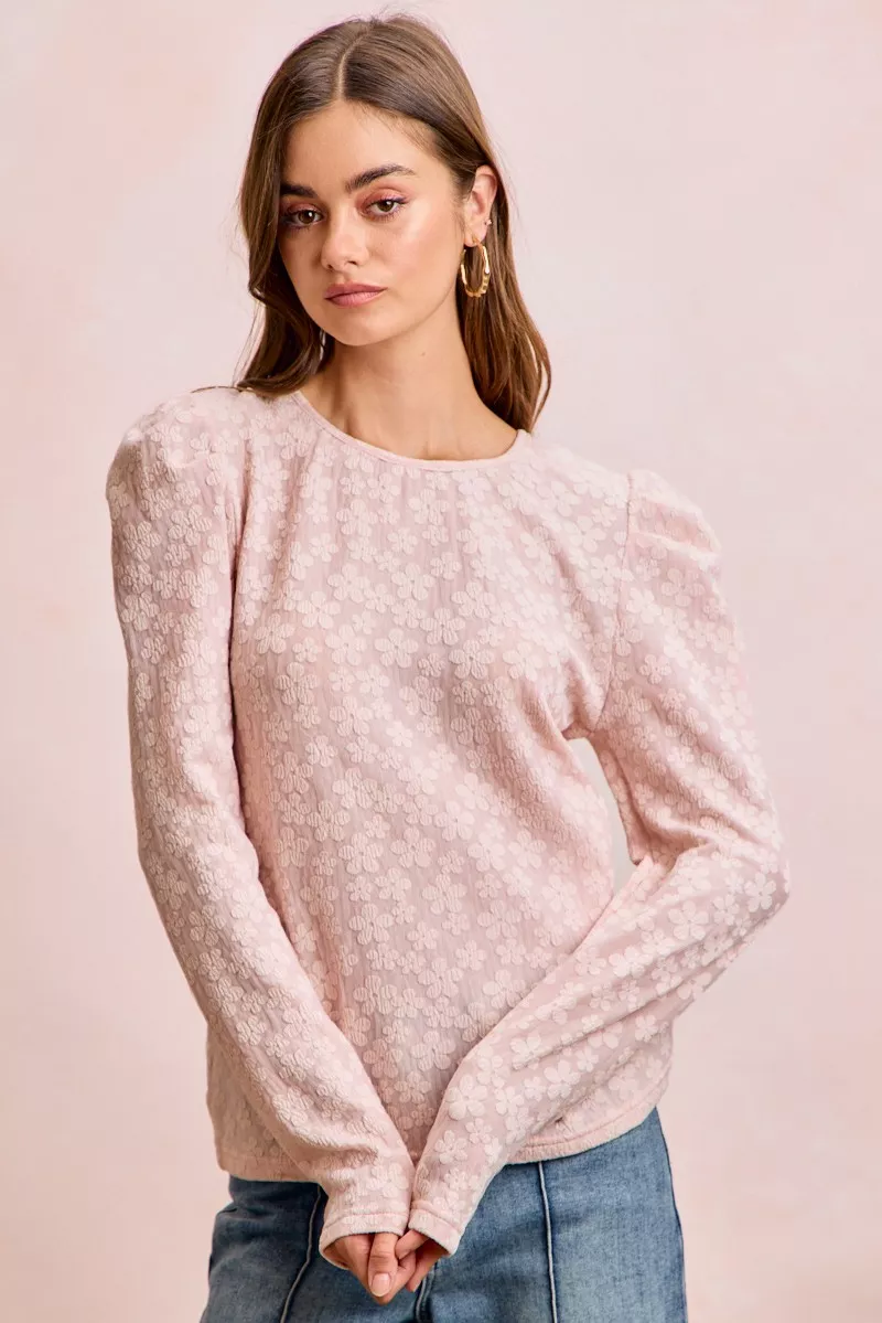 Textured Flower Knit Puff Shoulder Top, image 10