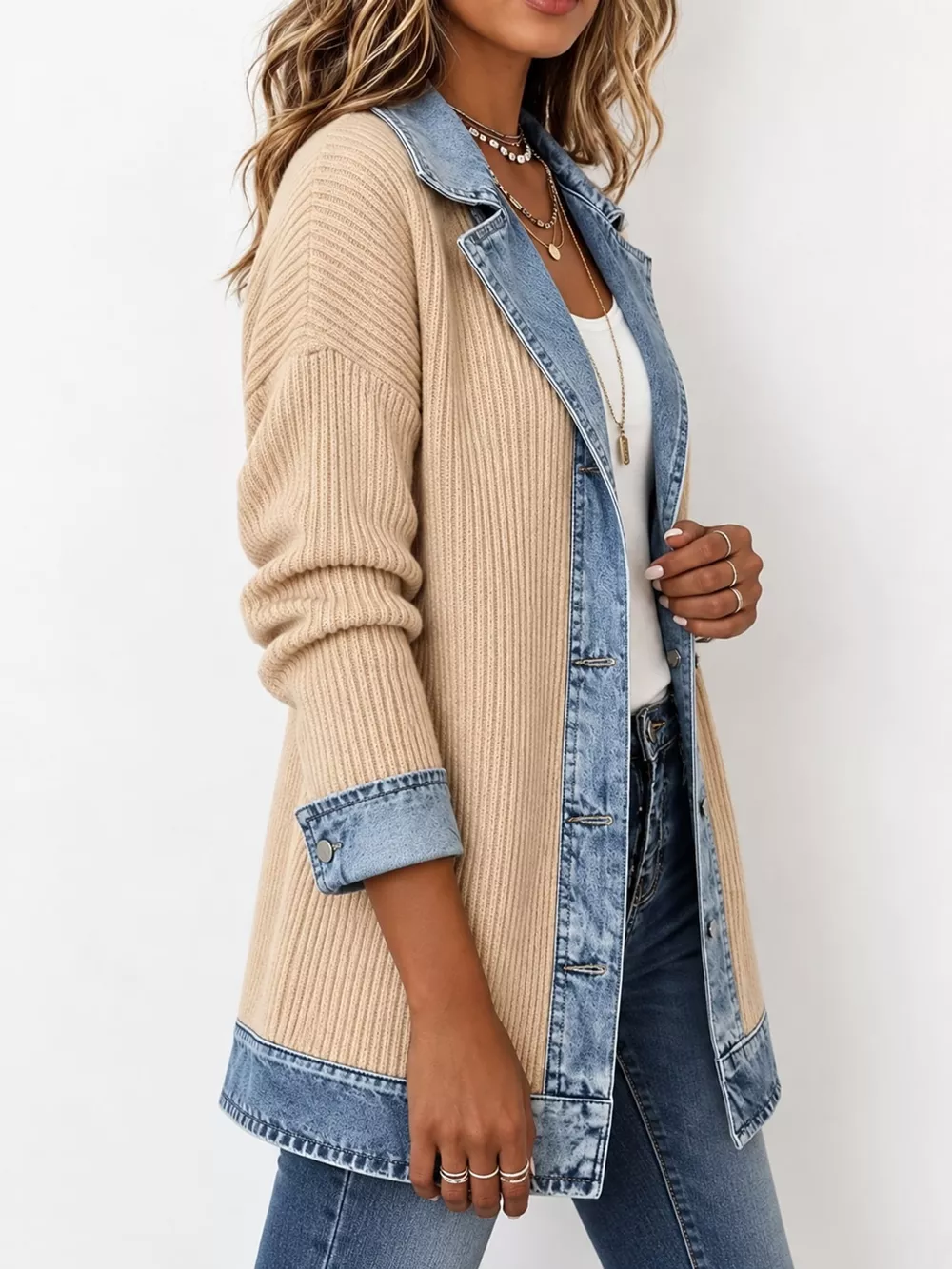 Full Size Denim Trim Ribbed Knit Cardigan Plus Size, image 33