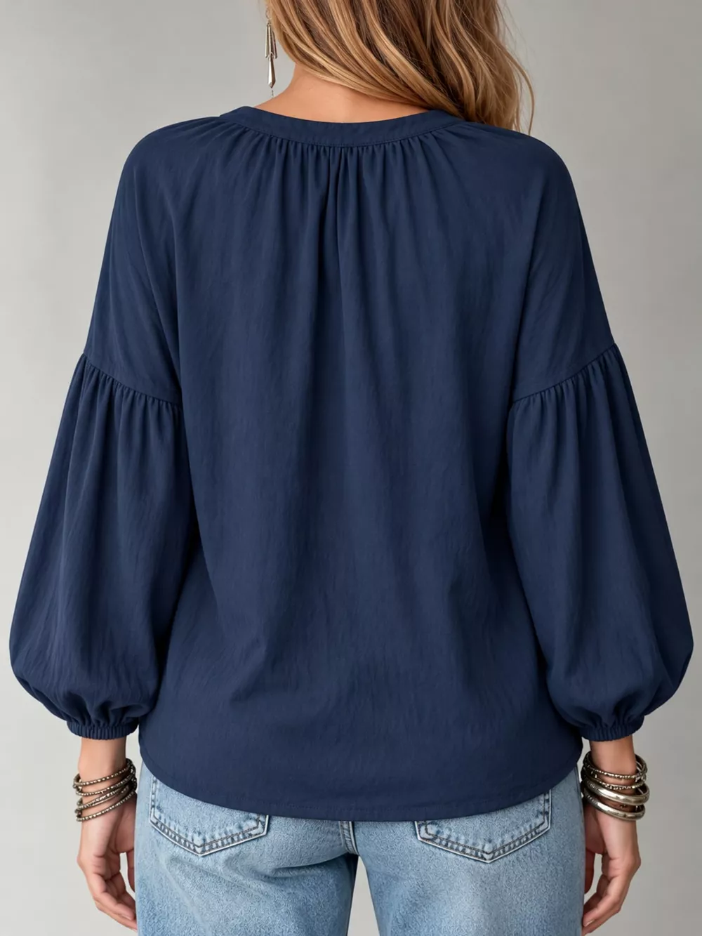 Full Size Notched Balloon Sleeve Blouse Plus Size, image 13