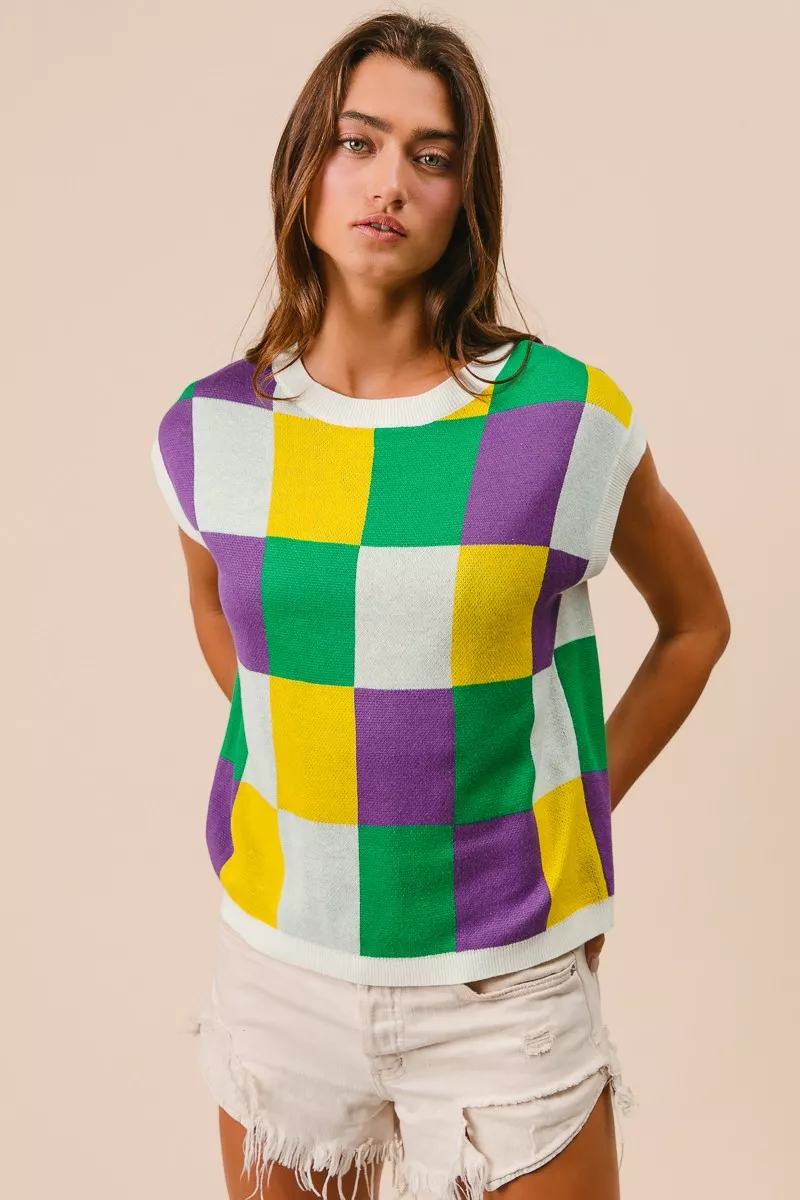 Mardi Gras Checker Pattern Sleeveless Sweater Top, image 13